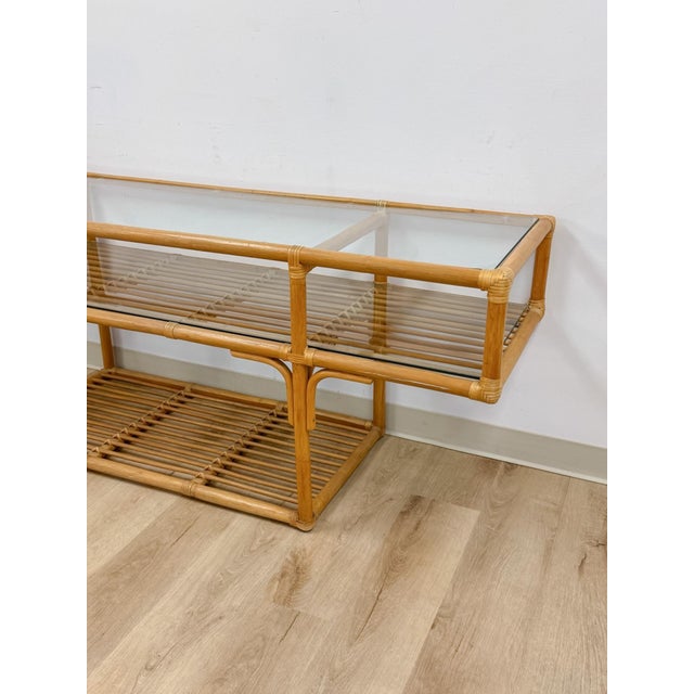 Beige Vintage Console Table Rattan Two-Tier Glass Top Coastal Entryway Sofa Table Rare For Sale - Image 8 of 13