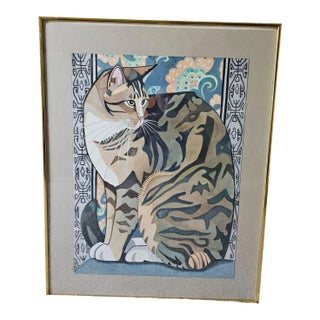 Connie Segall Cat Original Watercolor Painting, Signed For Sale