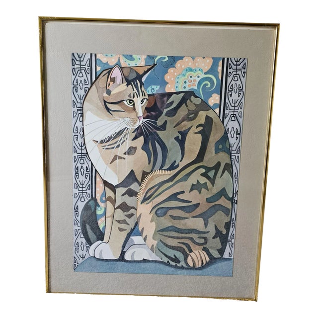 Connie Segall Cat Original Watercolor Painting, Signed For Sale
