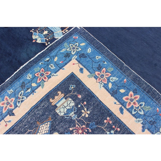 Textile Keivan Woven Arts,16-1102, Square Chinese Rug in Sapphire Tones With Floral Motifs- 11′ × 13′3″ For Sale - Image 7 of 8