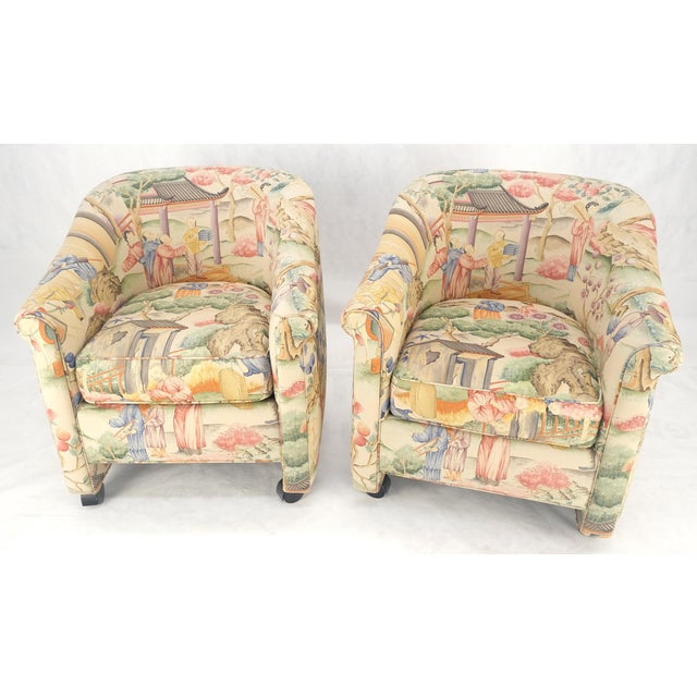 Milo Baughman Pair Asian Silk Motive Round Barrel Back Upholstery Lounge Chairs Casters MINT For Sale - Image 4 of 10