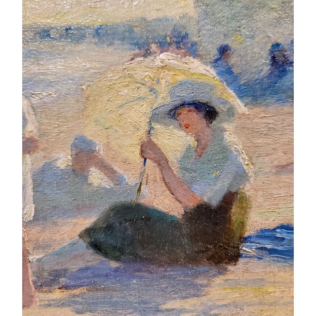 Wood Jean Aristide Rudel- Mothers & Young Daughters at the Beach W/Parasol -1920s Oil Painting For Sale - Image 7 of 11