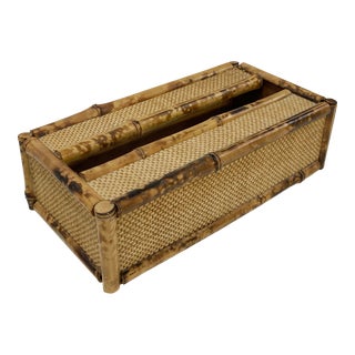 Vintage Burnt Tortoise Shell Rattan and Wicker Tissue Box For Sale