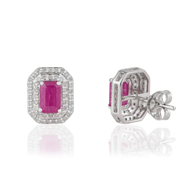 Ruby Red Contemporary 1.64ct Ruby & Double Halo Diamond Earrings in 14k Gold- 2 Pieces For Sale - Image 8 of 17