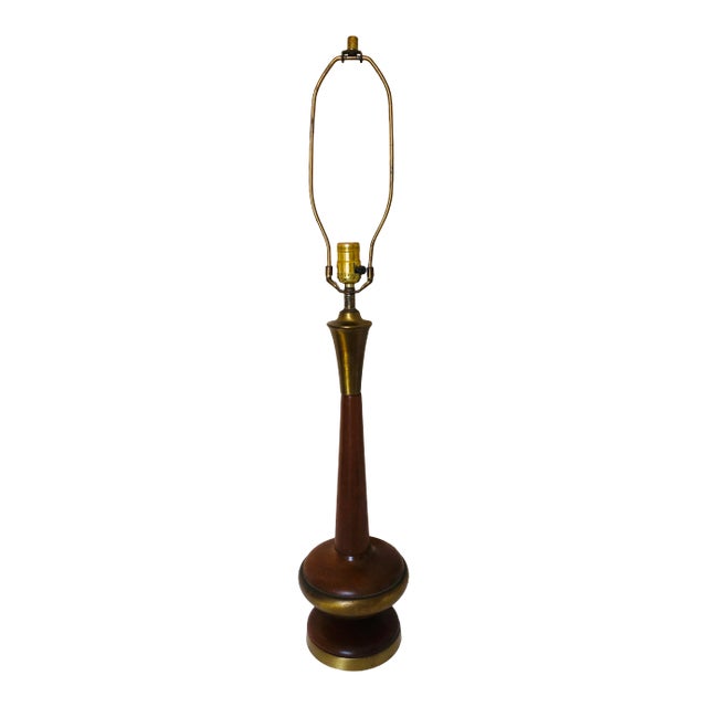 Mid Century Brass Walnut Table Lamp For Sale
