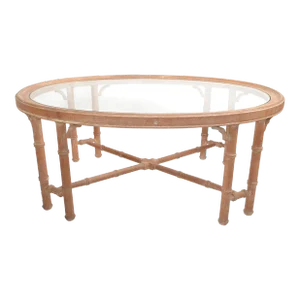 1970s Asian Modern White Bleached Oak Coffee Table Oval Glass Top Chinoiserie