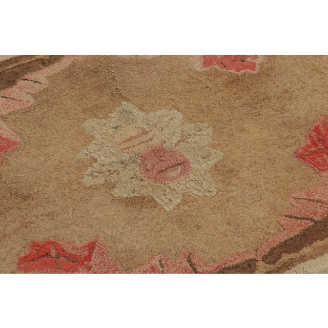 Rug & Kilim Antique Hooked Rug With Brown Floral Medallion & Vine Border - Rug & Kilim For Sale - Image 4 of 7