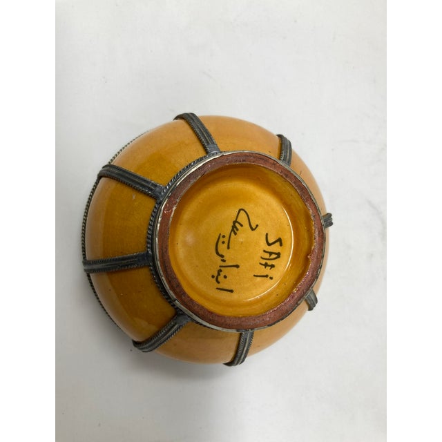 Vintage Moroccan Yellow Ceramic Jars With Silver Filigree Overlay Set of 3 For Sale - Image 4 of 12