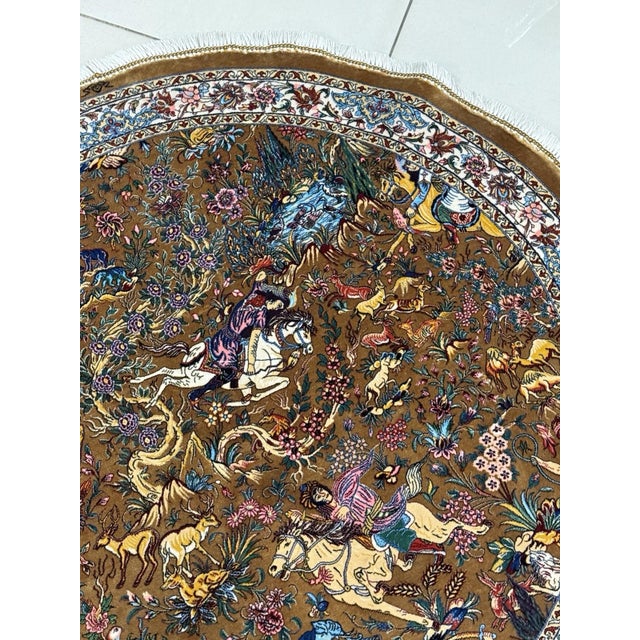 Early 20th Century Exquisite Silk Round Rug With Imperial Hunting Scene Carpet For Sale - Image 5 of 18