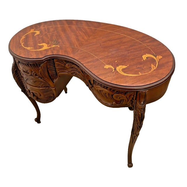 French Vintage French Desk Kidney Shaped Vanity Three Carved Drawers Inlays Petite Size For Sale - Image 3 of 13
