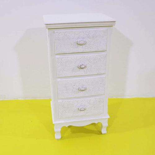 Narrow White Wooden Chest of Drawers with Decorated Drawers For Sale - Image 10 of 10