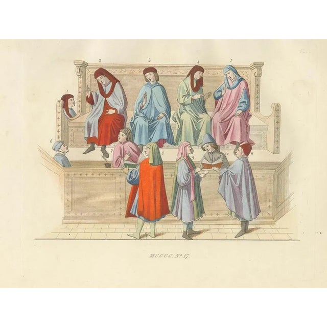 Title: Merchant Courtroom Scene with Consuls and Petitioners in Medieval Italy : This elegant hand-colored lithograph...