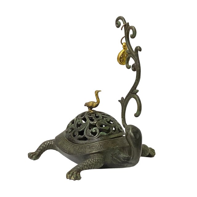 Figurative Chinese Brown Metal Turtle Fengshui Incense Holder Figure For Sale - Image 3 of 5