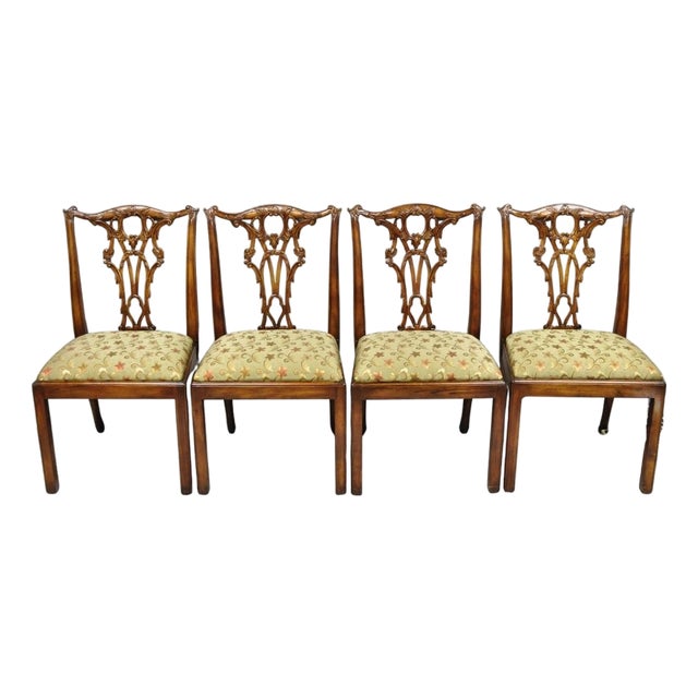 Chippendale Style Carved Mahogany Dining Side Chairs Attr Theodore Alexander - 4 For Sale
