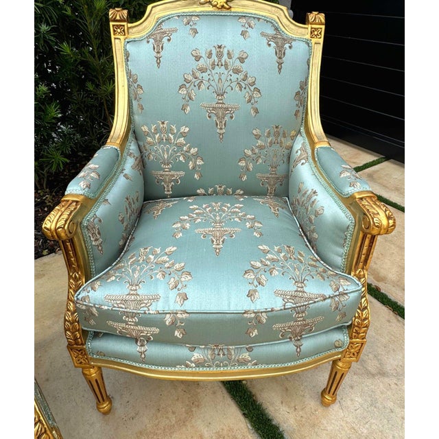 French Louis XV Style Blue-Green Bergere Wing Chair Set of 2 With Gold Leaf Details For Sale - Image 4 of 10