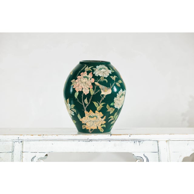 Green Ceramic Vase with Birds, Butterflies, and Floral Decoration For Sale In New York - Image 6 of 12
