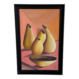 Still Life Canvas Painting With Plate Mid-Century Modern Vintage For Sale