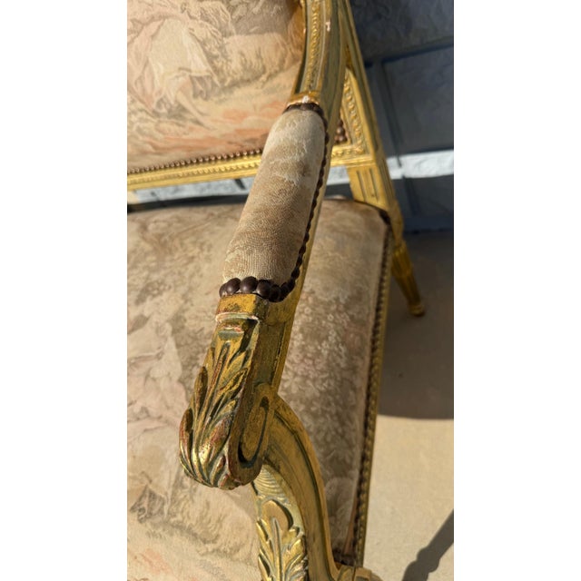1950s Louis XVI Style Giltwood Settee With Scenic Tapestry Upholstery For Sale - Image 11 of 13