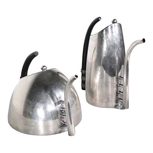 2 Pc. Postmodern Silver-Plate Coffee Tea Pot Set Made in Italy by Sabittini C 1980's For Sale