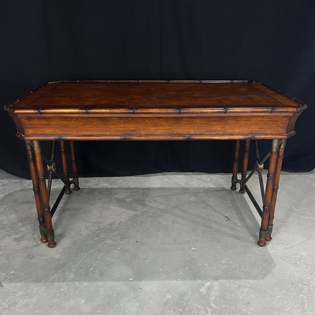 Ernest Hemingway style desk or writing table with chinoiserie faux bamboo, burl wood inlay, finished back, drawers (one...