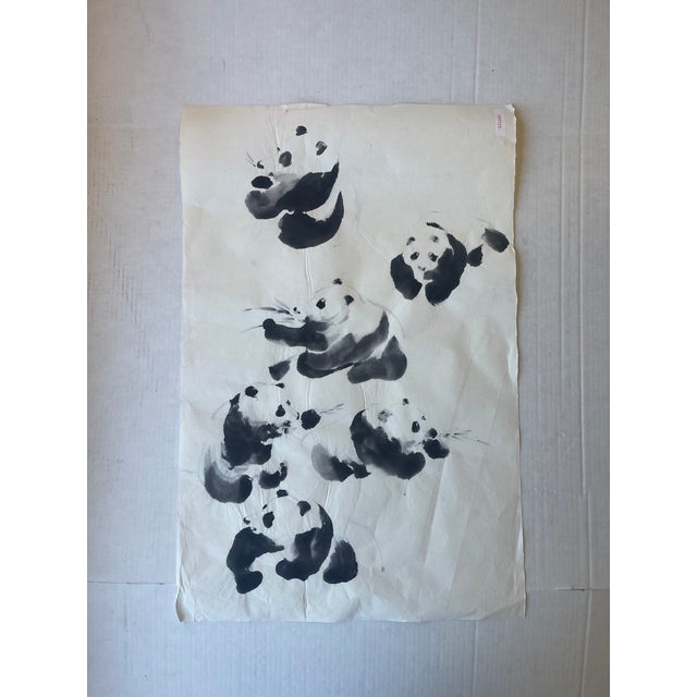 Vintage Chinese-Style Ink Painting of Pandas on Rice Paper, Signed j.r Gaston. For Sale - Image 4 of 9