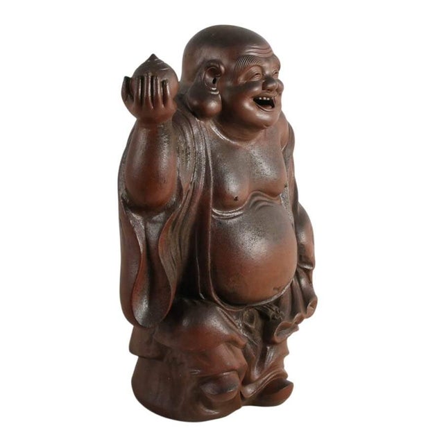 Signed Concrete Laughing Buddha Statue With Reddish Brown Finish Asian Garden Sculpture For Sale - Image 4 of 9