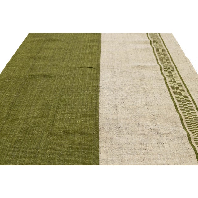 Olive Modern Color-Blocked Kilim: Sage & Cream Flatweave Wool Area Rug 8x12 For Sale - Image 8 of 11
