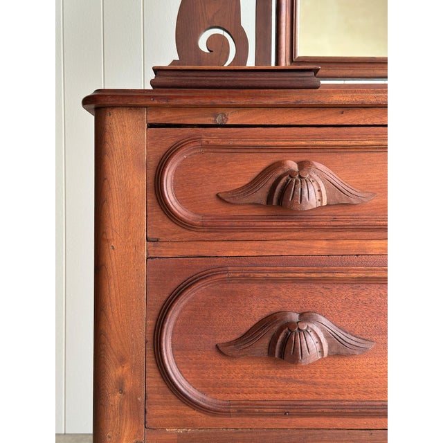 Late 19th Century Antique Walnut Dresser With Arched Mirror and Carved Crest For Sale - Image 5 of 18