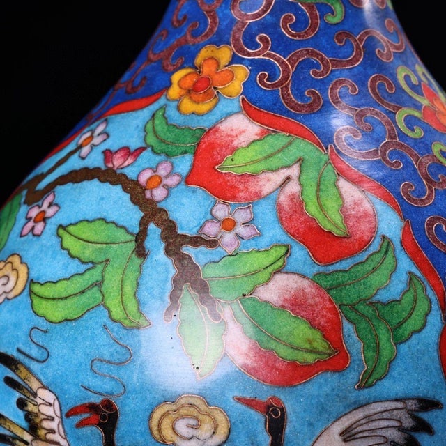 Metal Pair of Vintage Chinese Cloisonné "Crane & Peach" Long Neck Vases - 42cm For Sale - Image 7 of 9