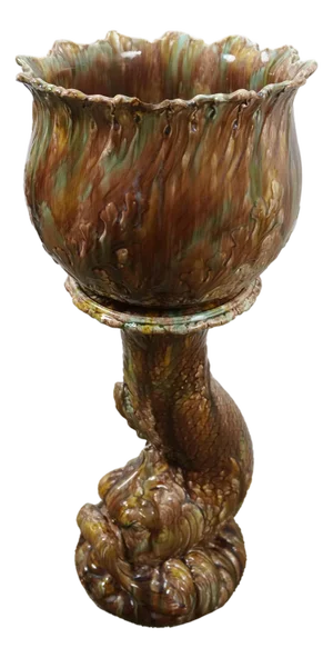 Antique Wannopee Pottery Majolica Delphin Dolphin Pedestal Jardiniere Planter