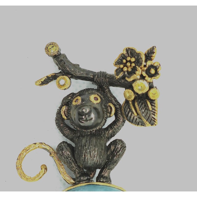 Mid 20th Century Mid 20th Century Sterling Gold Plate 22.82 Ct. Aquamarine, Sapphire & Garnet Monkey Brooch For Sale - Image 5 of 7