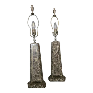 1940s Triangular Marble and Brass Table Lamps - a Pair