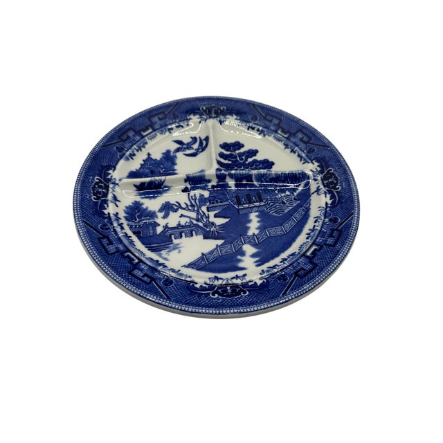 Vintage Shenago Blue Willow China Divided Ceramic Plate For Sale - Image 9 of 12