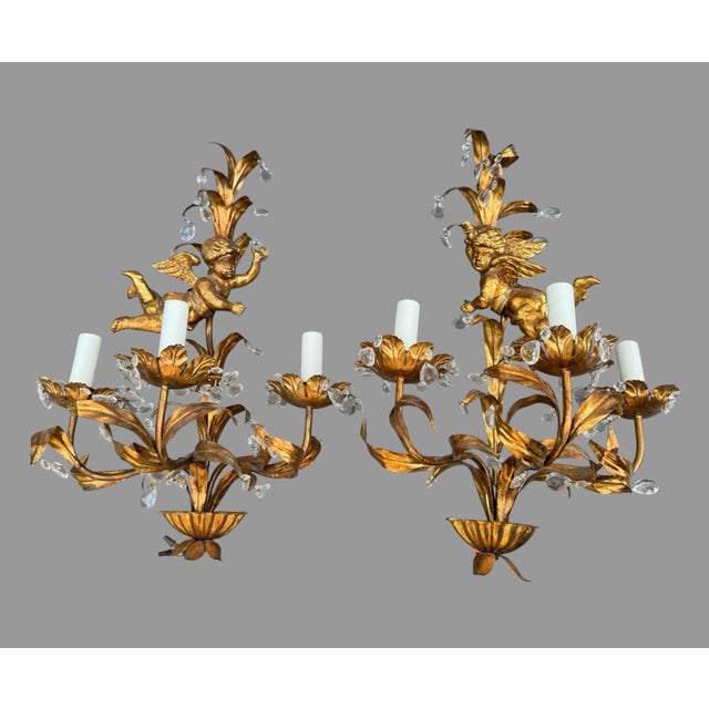 Pair of 29” Vintage Italian 3 Light Candelabra Wall Sconces W Prisms & Figural Cherubs For Sale - Image 9 of 9