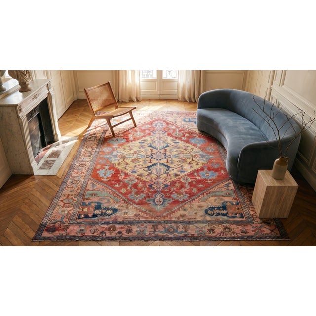 Textile 1880s Red Medallion Antique Persian Serapi Rug 10" X 13'4" Handknotted Wool Carpet For Sale - Image 7 of 9
