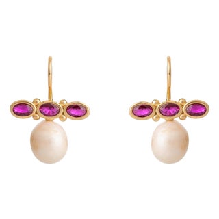 Royal Ruby Pearl Drop Earrings, A Pair For Sale