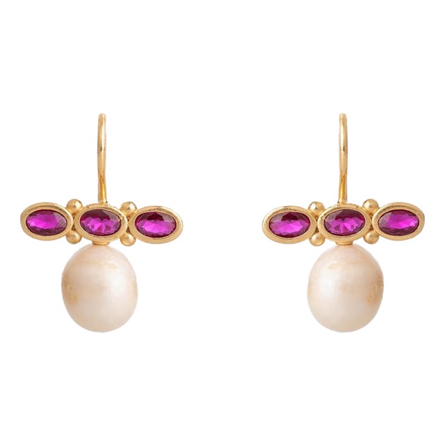Royal Ruby Pearl Drop Earrings, A Pair For Sale