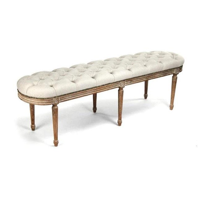 French Country Michel Linen Tufted Bench - Natural Linen / Limed Grey Oak Frame For Sale - Image 3 of 3