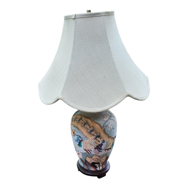 Vintage Frederick Cooper Tobacco Leaf Table Lamp Featuring Hand-Painted Floral and Bird Motifs. For Sale