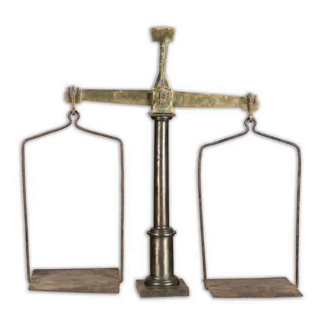 19th Century Large French 19th Century Brass and Steel Scale with Weighing Pans and Column For Sale - Image 5 of 12