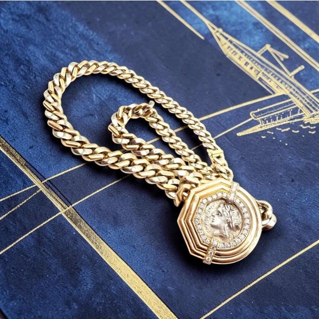 Gold Bulgari Antique Coin Monete Diamond Yellow & White Gold Link Chain Necklace For Sale - Image 8 of 17