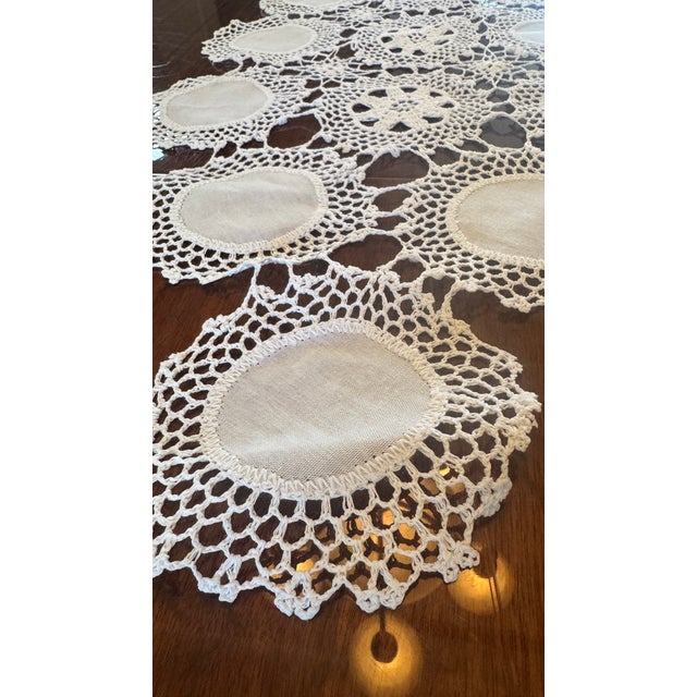 Antique White Vintage Handmade Linen and Lace Table Runner For Sale - Image 8 of 11