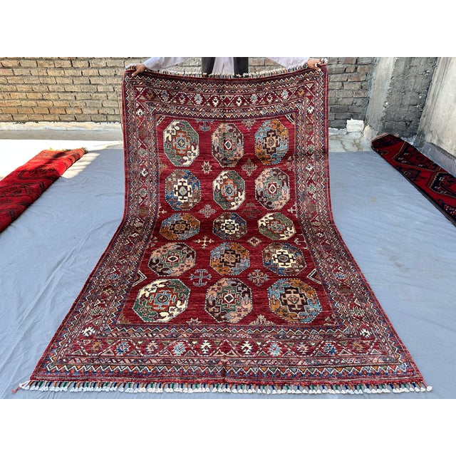 Red Memling Gul Kazak Hand-Knotted Wool Rug - 5'4" X 8'3" For Sale - Image 9 of 15