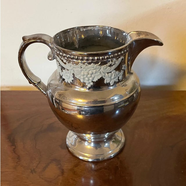 Ceramic Antique Early 19th Century English Regency Silver Luster Pitcher With Grape Vine Decoration For Sale - Image 7 of 12