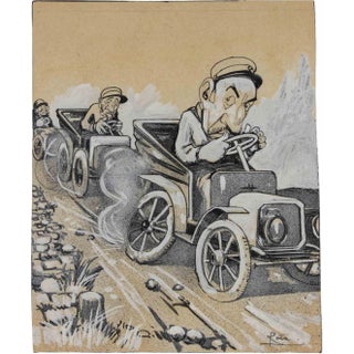 Gabriele Galantara, The Drivers, Mixed Media on Paper, Early 20th Century For Sale