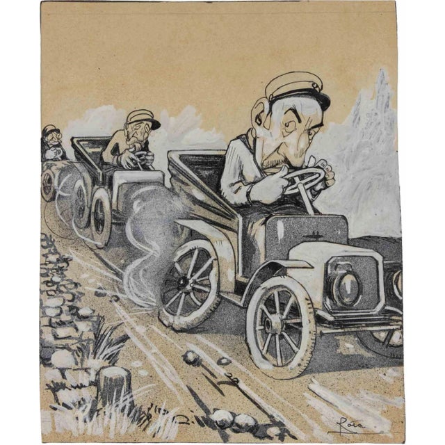 Gabriele Galantara, The Drivers, Mixed Media on Paper, Early 20th Century For Sale