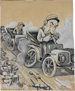 Gabriele Galantara, The Drivers, Mixed Media on Paper, Early 20th Century