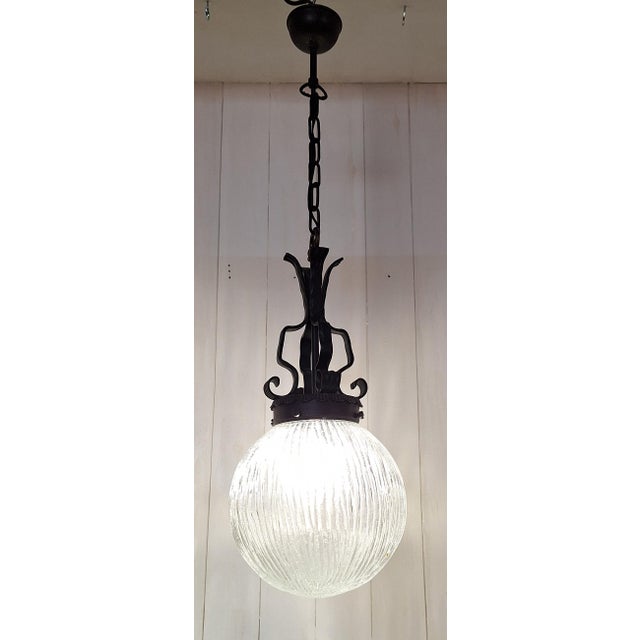 1970s Rustic German Ceiling Lamp with Black Wrought Iron Frame and Clear Relief Glass Shade, 1970s For Sale - Image 5 of 7