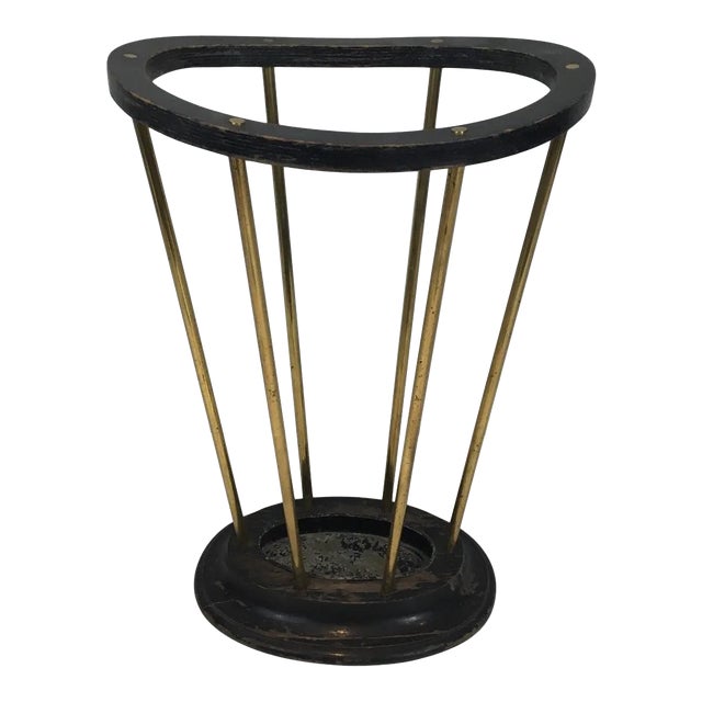 Attributed to Jacques Adnet, Ebonized Wood and Brass Umbrella Stand For Sale