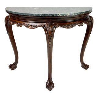 Vintage Chippendale Style Carved Mahogany Green Marble Top Demilune Console Table For Sale